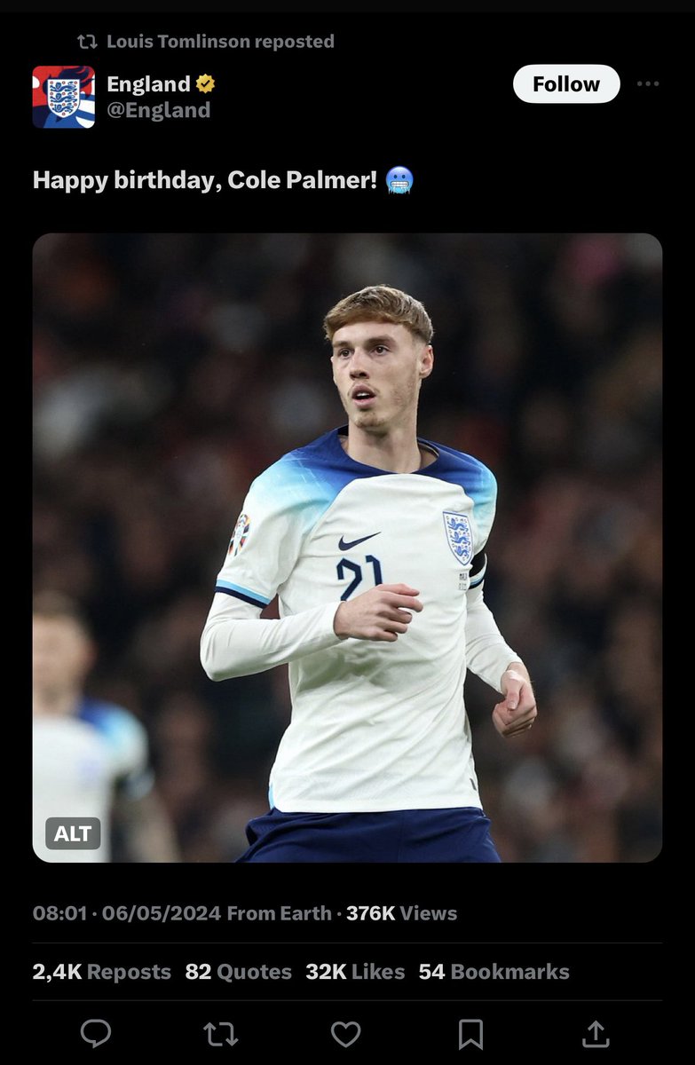 📲| Louis retweeted England’s football team’s tweet celebrating the birthday of their player, Cole Palmer!