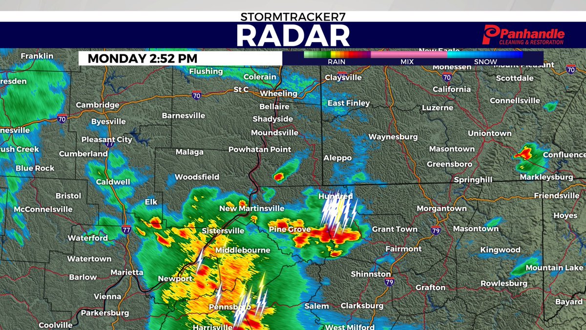 Happy Monday Ohio Valley Thunderstorms are moving into Tyler/Wetzel County this afternoon. Intermittent rain showers will be present this week, along with the setup for severe weather the next few days.