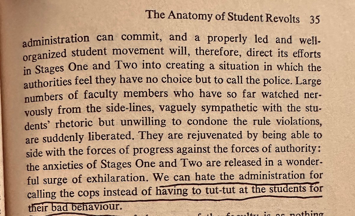 7/ As John Searle explained in his 1971 book 'The Campus War,' the strategy is to leave the University with no good options: They either let the protestors take over, or call police and then students play victim and use the optics to look like sympathetic martyrs for the cause.