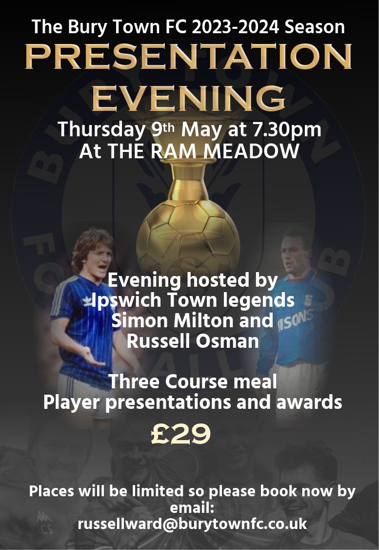 🏆 There are very limited places left for supporters to attend our Presentation Evening on Thursday 9th May. Tickets are £29 per person including a three course meal. Please see the poster for more details and how to reserve your place.