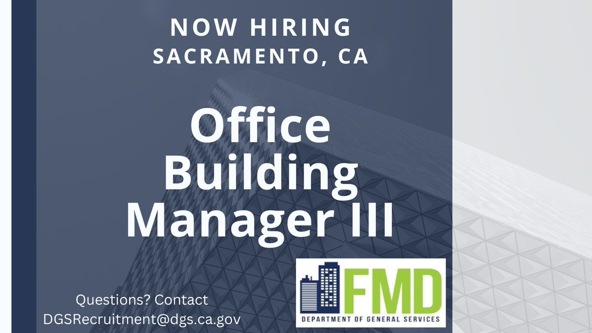 We are seeking a Building Manager for our Facilities Management Division (FMD). This is a management opportunity with the state to provide operational support for state office buildings in Sacramento. Deadline is 5/16/24. Apply today! bit.ly/3wooIDq #Work4CA #statejobs