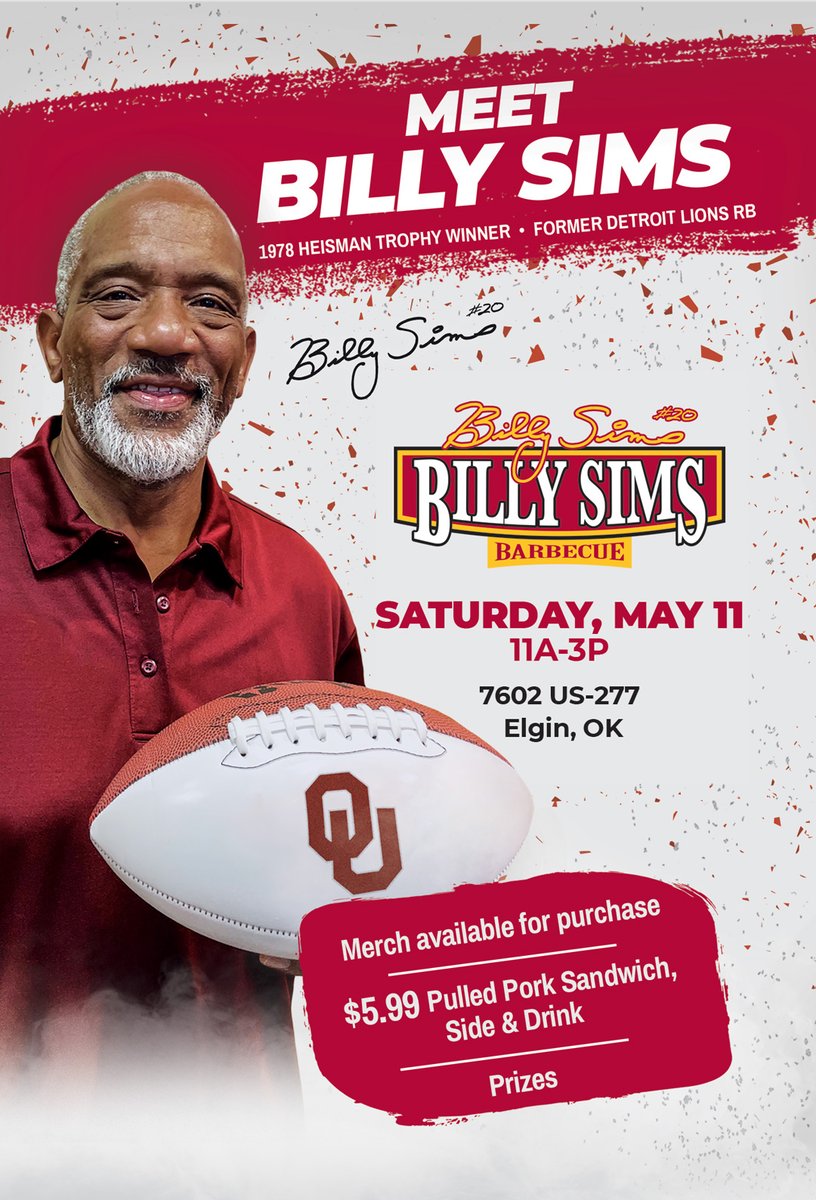 Join us in Elgin, OK this Saturday to meet @RealBillySims ! Don't miss your chance to enjoy our limited-time $5.99 Pulled Pork Sandwich special (available during event only)! We'll also have free autographs with purchase of a meal & Billy Sims merch available.
