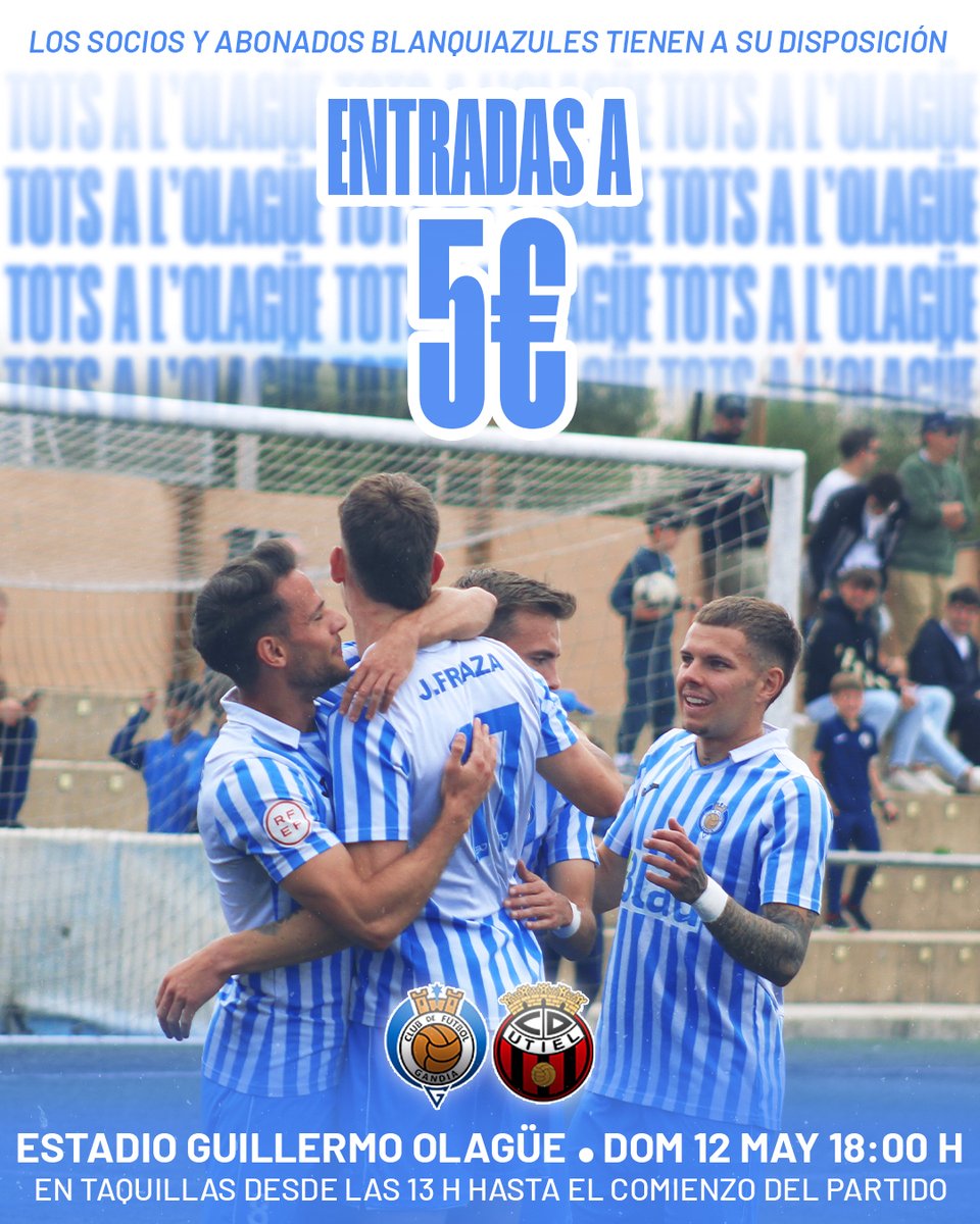 🎟️ Promoción de entradas a 𝟱 𝗘𝗨𝗥𝗢𝗦 para socios y abonados blanquiazules este domingo🏟️

🙌Con la idea de que el Olagüe apriete al máximo en busca de la victoria, el #CFG pone en marcha una promoción de entradas para el #GandiaUtiel.