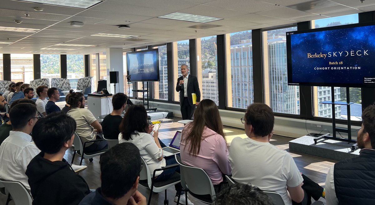 🚀 SkyDeck was thrilled to kickoff our Batch 18 program today! 🎉 🌟 @richlyons (SkyDeck board member & soon-to-be @UCBerkeley Chancellor) gave a surprise welcome to the 31 new Berkeley Cohort & SkyDeck Europe startups! Go Bears! #BerkeleySkyDeck #StartupAccelerator #Innovation