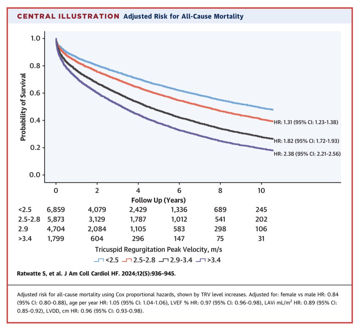 Take a look 👀to new @JACCJournals #HF May issue 🔥 In pts with <50% LVEF and TRV: authors found a prevalence and negative prognostic impact of ⬆️TRV with a threshold for mortality lying within the range of 'borderline risk' PHT 🫁🫀 jacc.org/doi/10.1016/j.…