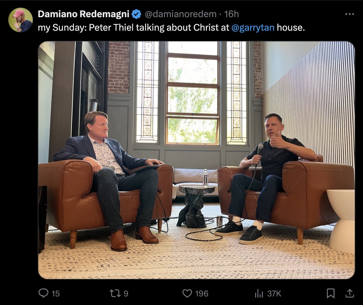 ICYMI, SF politico Garry Tan hosted a 'Holy Guacamole' 5/5 party at his house across from Dolores Park, with tacos, margs, and... ...Peter Thiel discussing Jesus Christ in a 'fireside chat' about 'political theology' and the intersection of tech and religion.