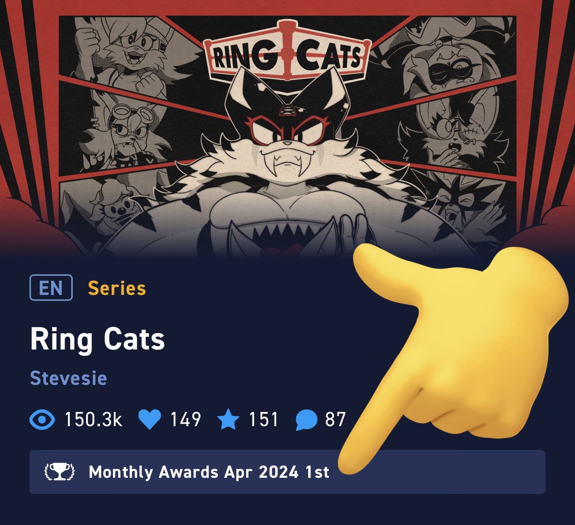 Thank you all so much! Your support made Ring Cats the top creator owned Manga on Manga PLUS for the month of April. This really does mean the world to me, and I really hope you enjoy where I’m taking this story! Thank you! 🖤 Read it here: medibang.com/mpc/episodes/8…