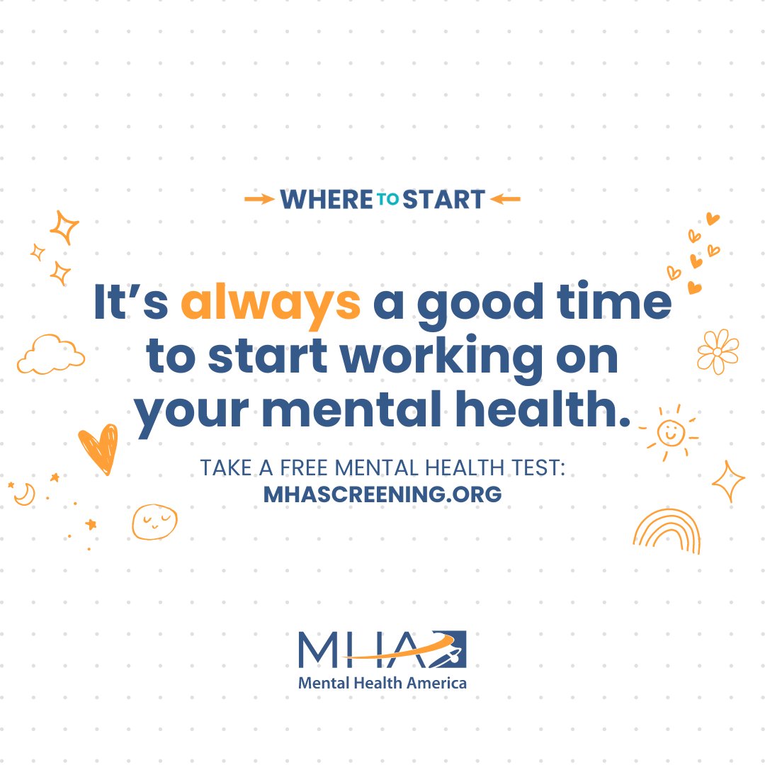 It’s ALWAYS a good time to start working on your mental health.  ⏳ Learn more about #WhereToStart here: 

mhanational.org/may #MentalHealthMonth 

@MentalHealthAm

#SelfCare #YouAreNotAlone #Tools2Thrive #TimeToTalk #BreakTheSilence #SupportEachOther #CommunitySupport