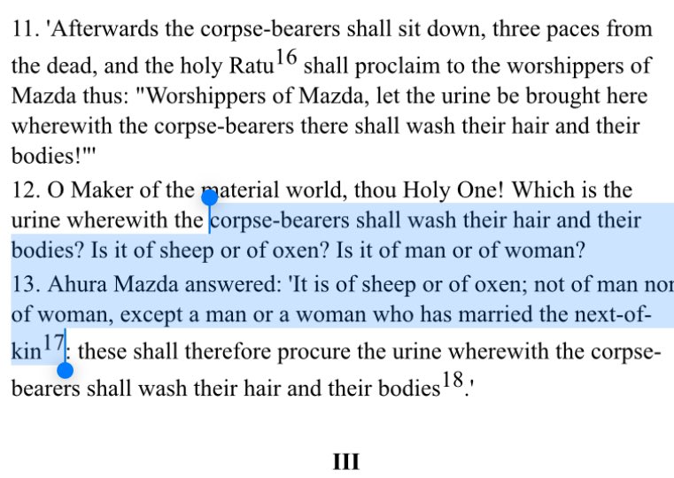 Zoroastrian Incest And Holy Urine. In the Zoroastrian book the Vendidad, if two individuals engage in incest, their urine is deemed ritually clean/holy and thus can be used to wash the bodies and hairs of people who carry corpses. One can also use sheep and cow urine.