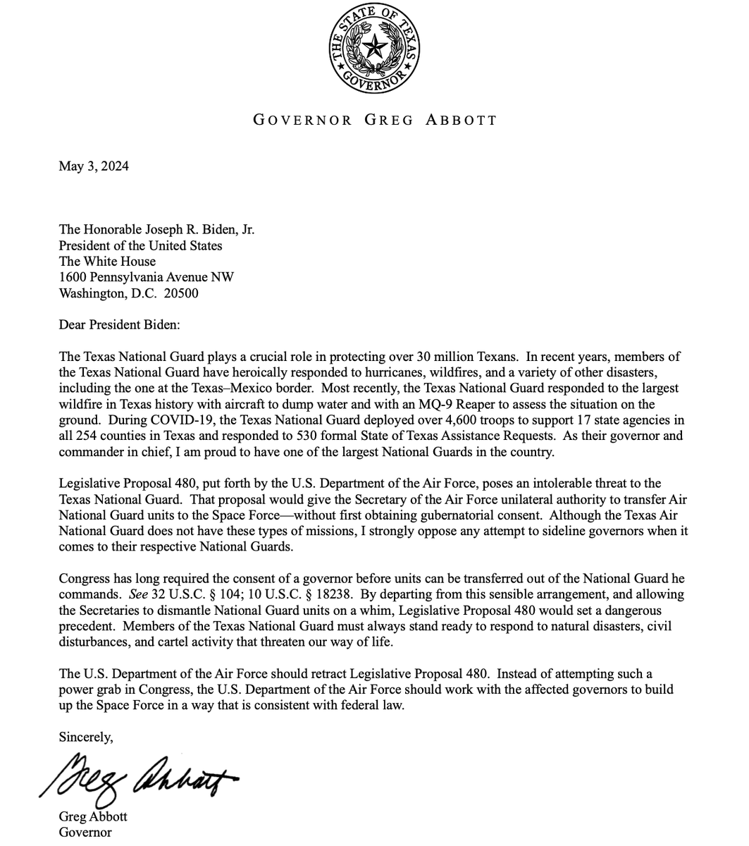 I sent a letter to Pres. Biden urging him to retract the U.S. Dept. of the Air Force’s Legislative Proposal 480. This proposal poses a threat to the Texas National Guard and would sideline Governors as the commander-in-chief of our National Guards. More: bit.ly/4b7YiVA