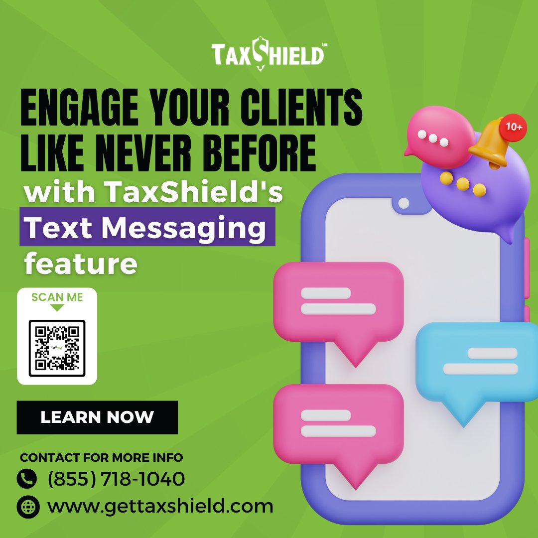 Break communication barriers! TaxShield's Text Messaging lets service bureaus send mass texts, hold individual chats via CRM. Enhance client engagement effortlessly. Ready to connect on a new level? Contact TaxShield now! #ClientEngagement #TextMessaging #ServiceBureau #TaxTech