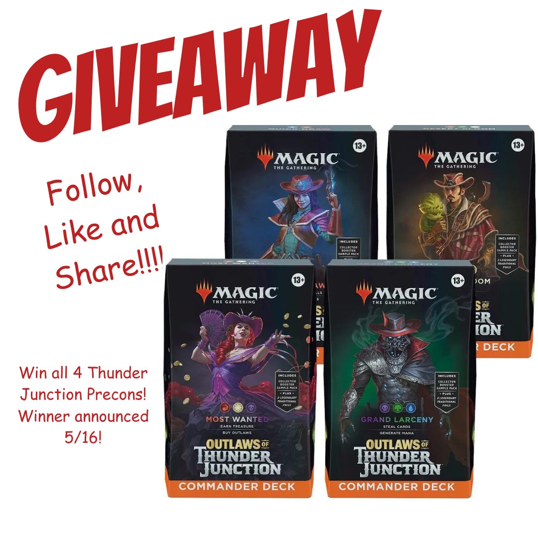 It is time for a giveaway, we are giving away a FULL SET OF THUNDER JUNCTION PRECONS! Winner will be announced on 5/16. In order to enter: 🤠 Follow us on Twitter 🤠 Like the post 🤠 Retweet 🤠 Tag three friends See details at giveaway.com #MTG #Giveaway #mtgthunder