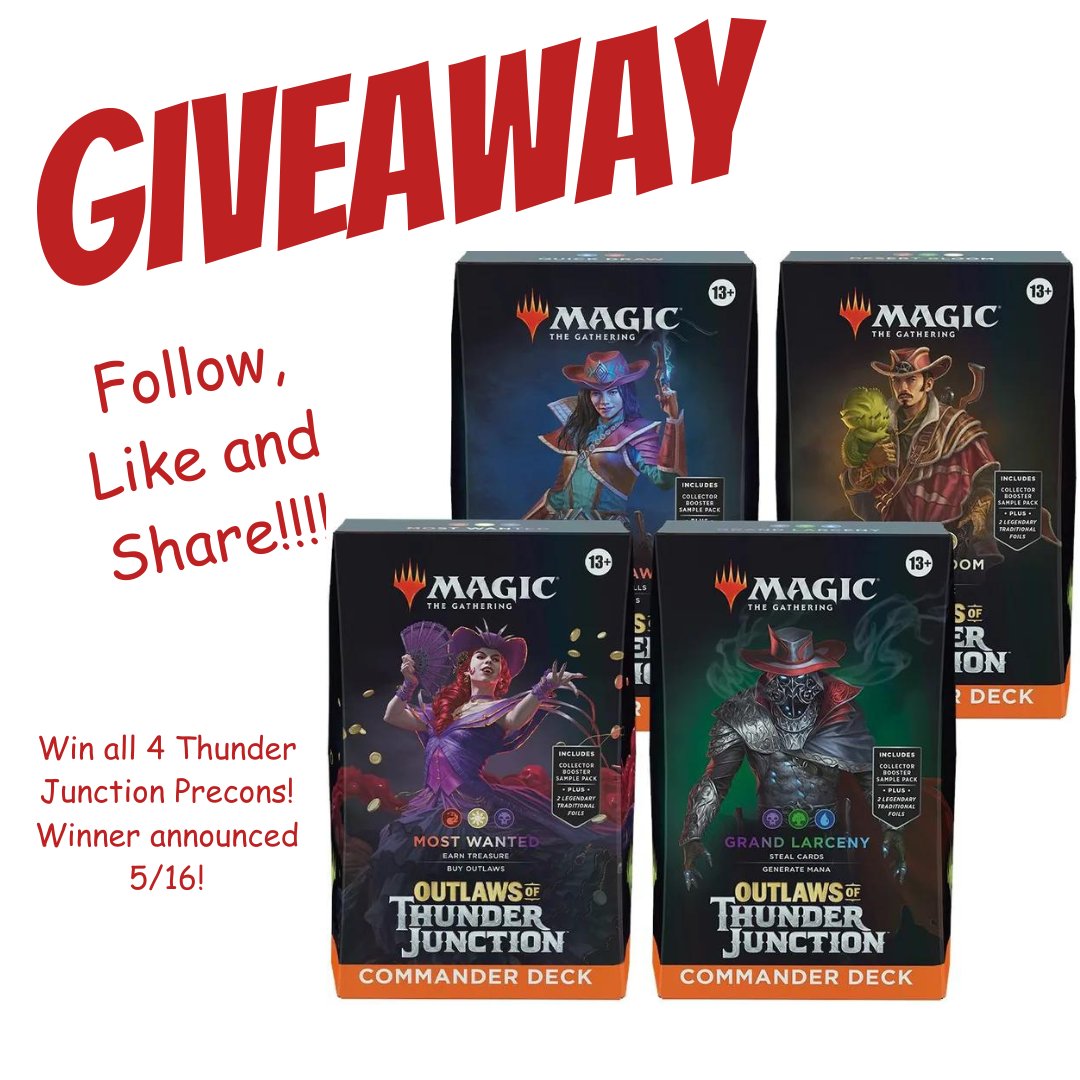 It is time for a giveaway, we are giving away a FULL SET OF THUNDER JUNCTION PRECONS! Winner will be announced on 5/16.

In order to enter:
🤠 Follow us on Twitter
🤠 Like the post
🤠 Retweet
🤠 Tag three friends

See details at giveaway.com

#MTG #Giveaway #mtgthunder