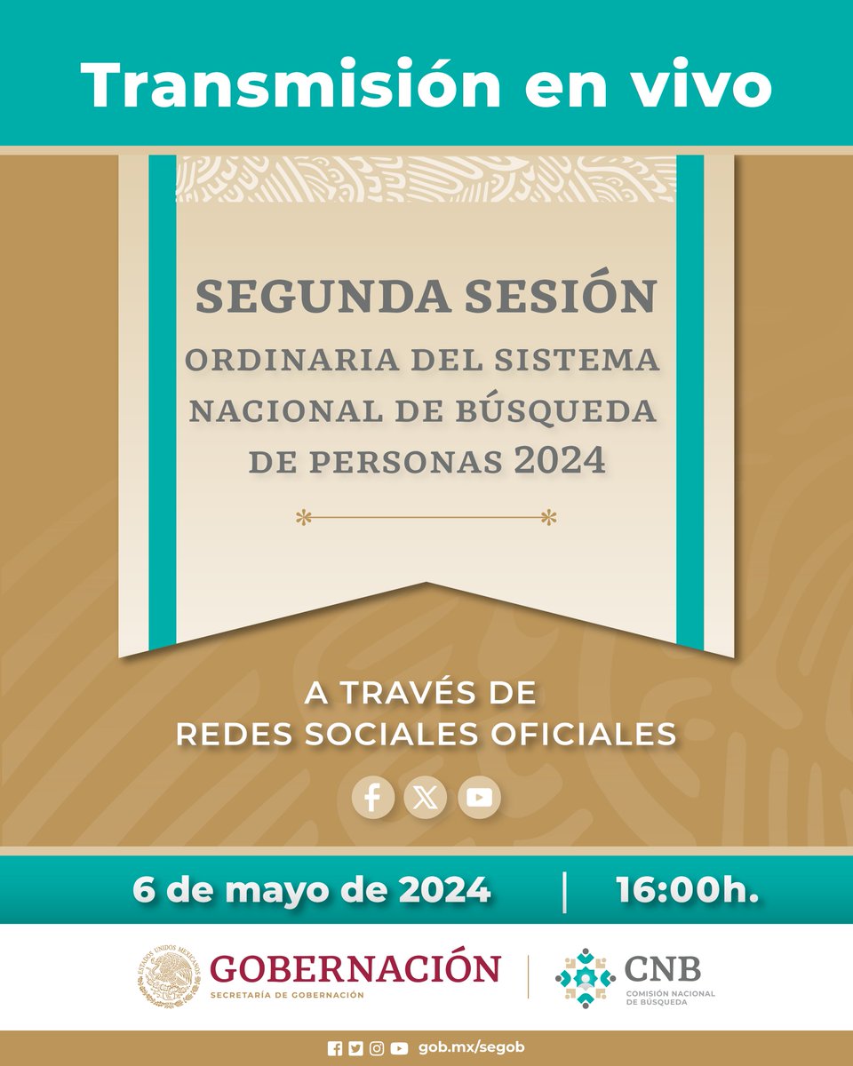 Este lunes 06 de mayo, a las 16:00h, se llevará a cabo la Segunda Sesión Ordinaria del Sistema Nacional de Búsqueda de Personas 2024. El enlace para seguir la transmisión quedará disponible unos minutos antes del inicio de la sesión.