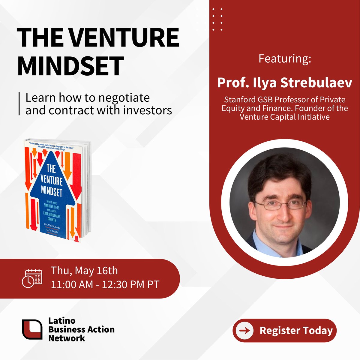 Are you in startup, venture capital, or connected to entrepreneurship? Don't miss our free webinar with Stanford Prof. Ilya Strebulaev! Join LBAN on May 16th for insights from his upcoming book 'The Venture Mindset' &amp; VC class at Stanford GSB. 

Register bit.ly/3w1WYVc