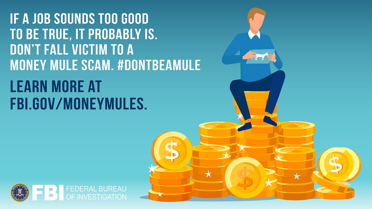 A money mule is someone who transfers or moves illegally acquired money on behalf of someone else. Some money mules know they are supporting criminal enterprises; others are unaware that they are helping criminals profit. Don't be a mule: ow.ly/9Un750RxbAf