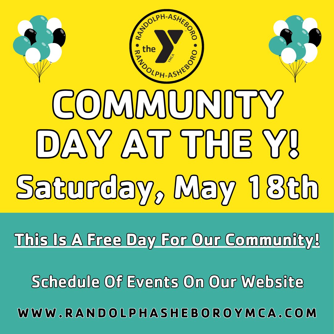 Our FREE Community Day is Saturday, May 18th! The schedule of events can be found on our website. randolphasheboroymca.com/community-day #raymca #strongertogether #forabetterus #discoveryourY #findyourY #domorein2024 #community #jointheY