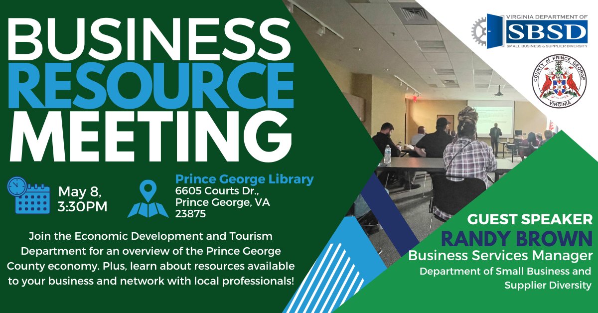 Calling all small business owners and entrepreneurs! Join us for a Business Resource Meeting on May 8 at 3:30 PM at the Prince George County Library. Sign up for free today: princegeorgecountyva.gov/business/busin… #networking #businessresourcemeeting #localeconomy #SBSD