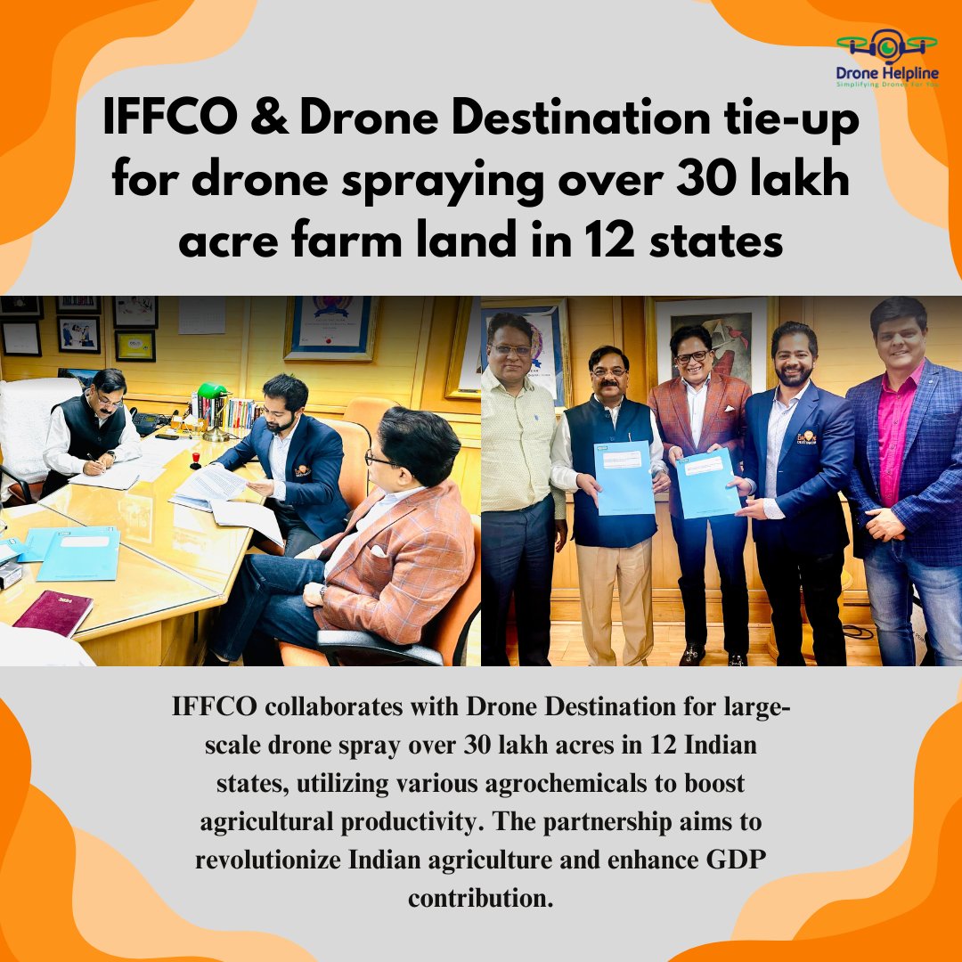 IFFCO & Drone Destination tie-up for drone spraying over 30 lakh acre farmland in 12 states. @AgriGoI @fertmin_india @MOFPI_GOI @IFFCO_PR @MoCA_GoI @dronedstn To know more 🔗 bit.ly/4b7ucl7 #IFFCO #DroneDestination #Agriculture #DroneTechnology #drone #dronehelpline