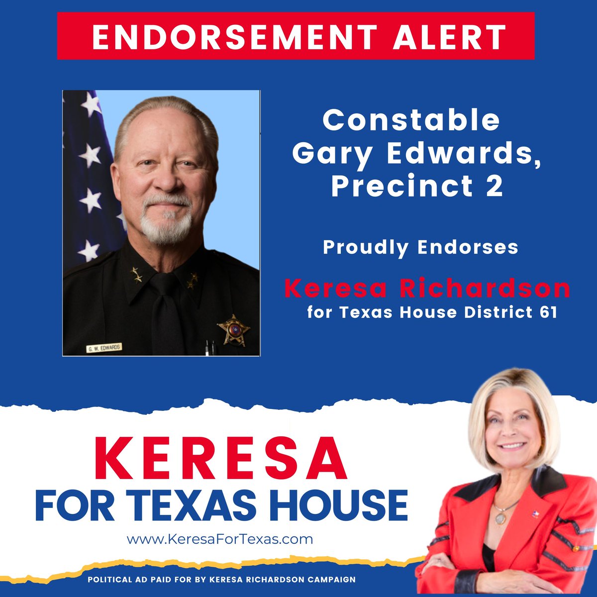 Endorsement Alert! Constable Gary Edwards, Precinct 2 -- Proudly Endorses Keresa Richardson for Texas House District 61. #AskKeresa #KeresaRichardson #KeresaForHD61 #ConservativeRepublican #TexansFight #RunoffElectionMay28th2024 #VoteForKeresa #TexasHD61