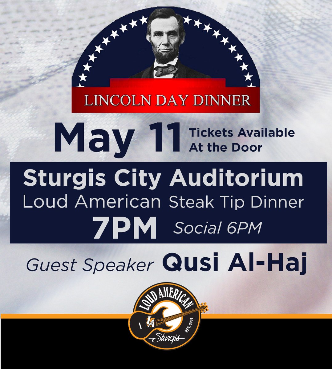 On May 11th, we will be catering the Lincoln Day Dinner at the Sturgis City Auditorium! 
Tickets are available at the door if you're interested in enjoying some steak tips with us! 
-
#loudamerican #steaktips #Blackhills #sturgis
