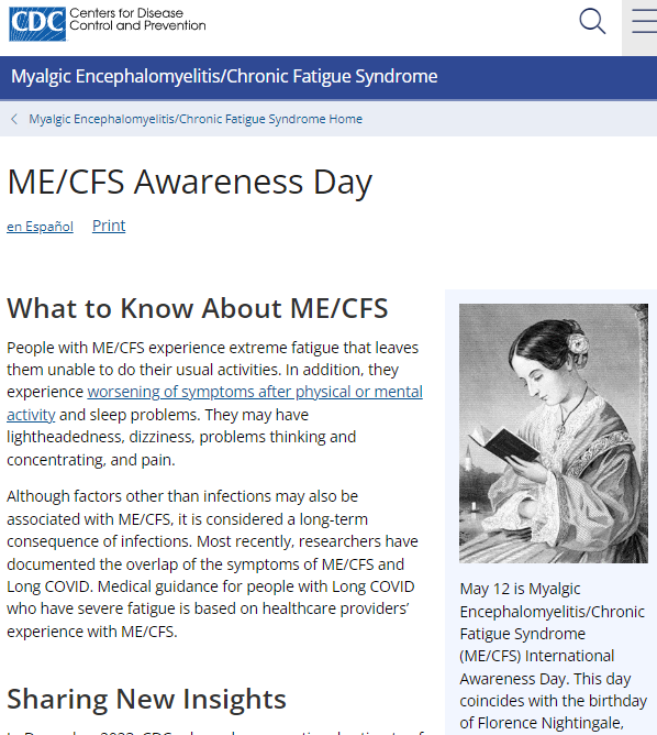 The prestigious Centers for Disease Control and Prevention (CDC) in the US have released their ME/CFS International Awareness Day (May 12) page for 2024

cdc.gov/me-cfs/resourc…

#MyalgicEncephalomyelitis #ChronicFatigueSyndrome #MEcfs #CFS #PwME
