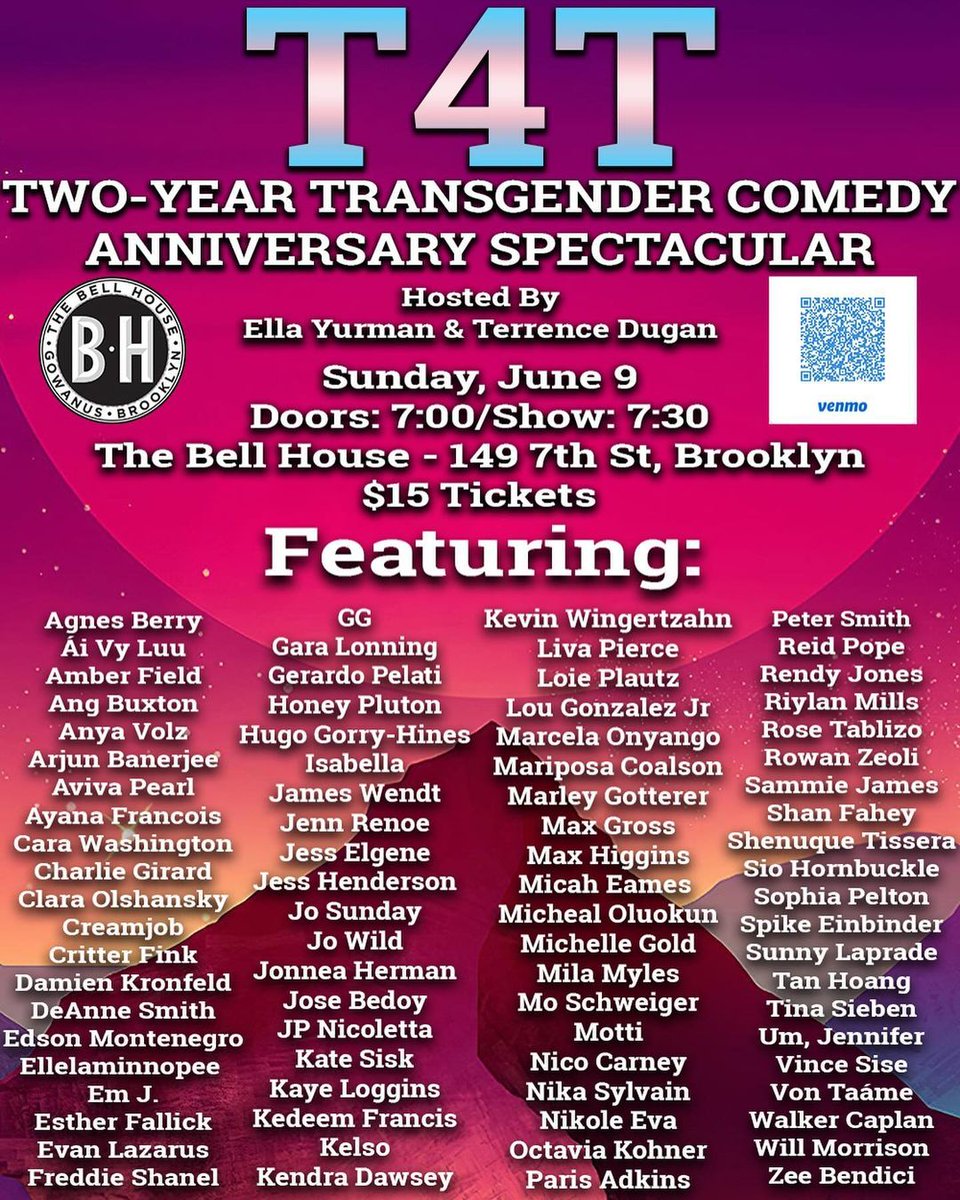 SUN 6/9: @T4TComedy: Two-Year Transgender Comedy Anniversary Spectacular with @EllaYurman & Terrence Dugan! Featuring @AnyaVolz @ClaraOlshansky @damienkronfeld @DeAnne_Smith @freddie_shanel @honeypluton @thekatesisk @TimeWharp @realchoppedliva + MORE! 🎟️: tinyurl.com/4w7jnpbz