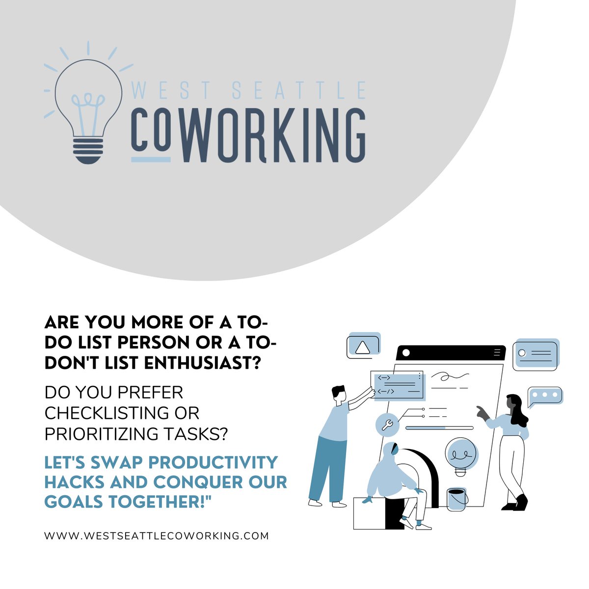 𝗟𝗲𝘁'𝘀 𝘀𝘄𝗮𝗽 𝗽𝗿𝗼𝗱𝘂𝗰𝘁𝗶𝘃𝗶𝘁𝘆 𝗵𝗮𝗰𝗸𝘀 𝗮𝗻𝗱 𝗰𝗼𝗻𝗾𝘂𝗲𝗿 𝗼𝘂𝗿 𝗴𝗼𝗮𝗹𝘀 𝘁𝗼𝗴𝗲𝘁𝗵𝗲𝗿!  
-
#coworking #coworkinglife #CoworkingSpace #westseattle #westseattlelife #workfromhome #todolist #todolists #productivityhacks