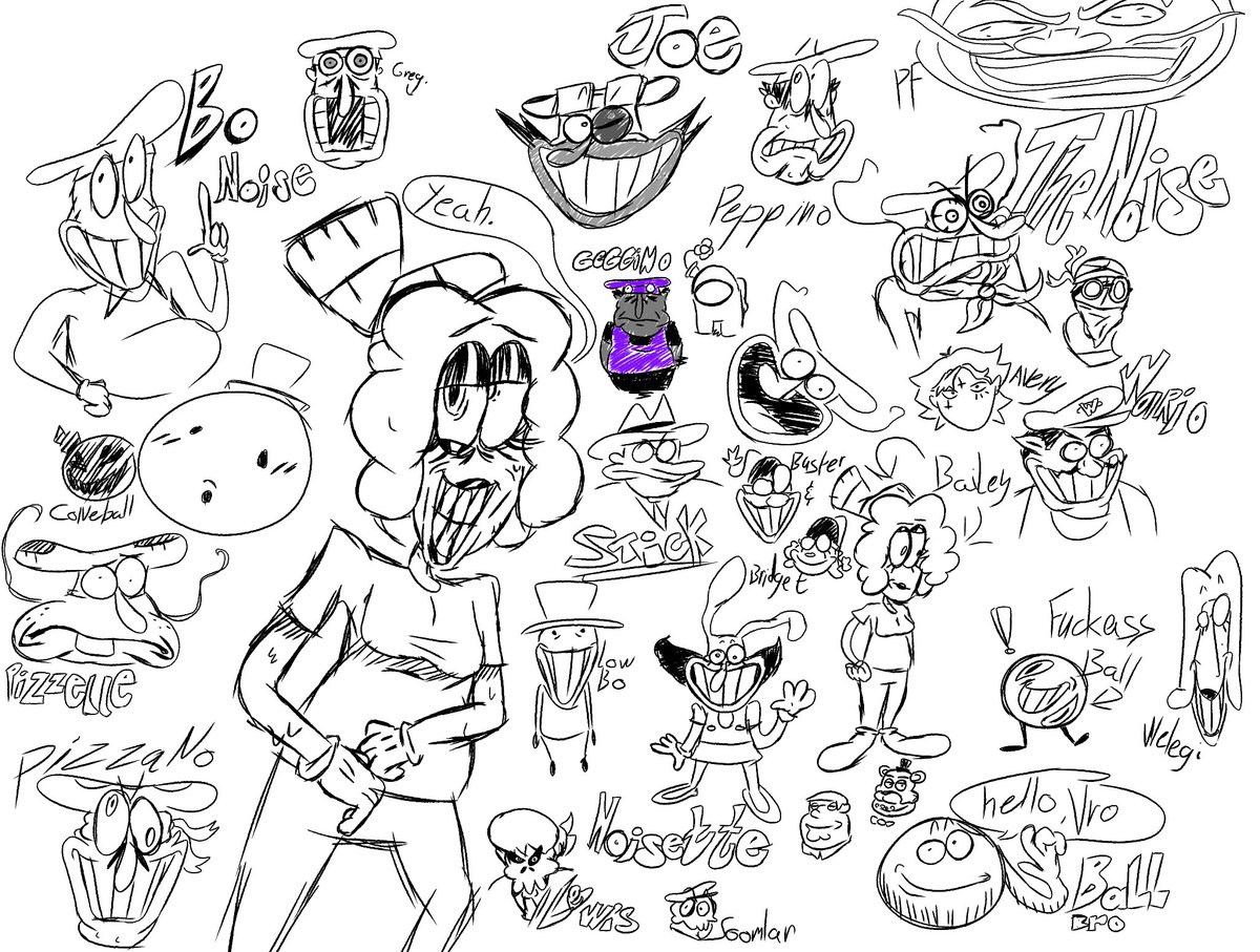 Huge art piece i spent 2 hours on, featuring cool people like: @welegi, @soomlarr, @AvryeMoew and lowbo from ptu. 
and ofc many more characters from pt,ss, pt fangames and other media !
(Hi tags, I'm Offy! #PizzaTower #SugarySpire)