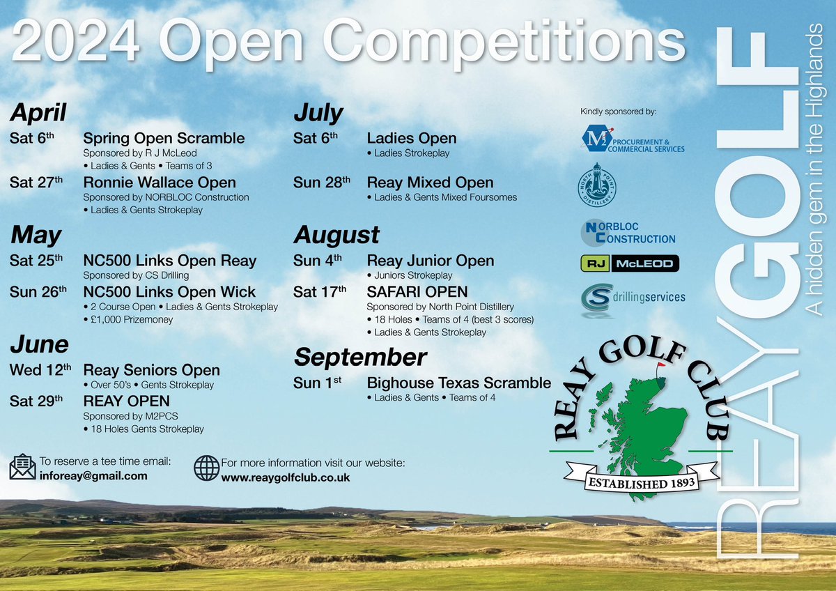 A reminder of the Open Competitions we are hosting this summer Next up is the NC500 Links Open which we are delighted to be co-hosting with Wick Golf Club ⛳️ Round One at Reay on Saturday 25 May is kindly sponsored by CS Drilling Services - book here⬇️ masterscoreboard.co.uk/ClubOpens.php?…