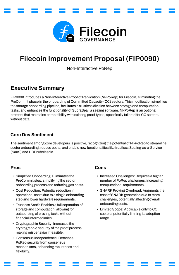 We are launching better and shorter ways to interact with Filecoin Improvement Proposals (FIPs) via one-pagers. 
We start with FIP0090 Non-Interactive PoRep. This FIP is currently in Last Call 👇
