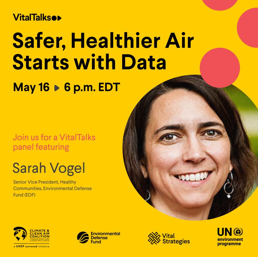 90%+ of the world breathes unhealthy air, but safer, cleaner air is possible. Join @EDF @VitalStrat & @UNEP at #VitalTalks on May 16 in Washington, D.C. for a film screening & discussion on how data can help us fight air pollution like never before. Reg: bit.ly/3UtwLH2