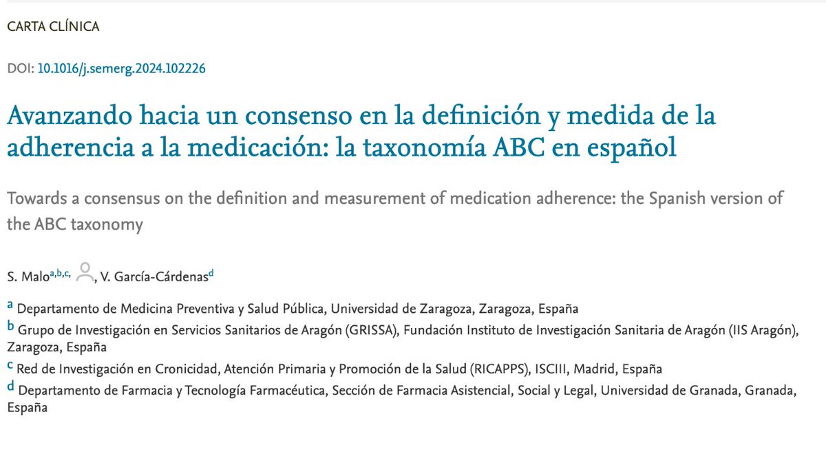 #RevistaSEMERGEN 📙Avanzando hacia un consenso en la definición y medida de la adherencia a la medicación: la taxonomía ABC en español
i.mtr.cool/dhjqeydxaa
#ABC
