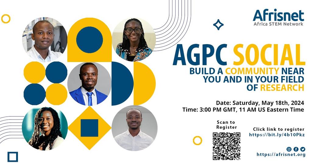Join us for the AGPC Social on May 18th at 3:00PM GMT! Get to know other African postbacs, graduate students and postdocs in our international community, and share your vision for AGPC so we can tailor future events to you! Register here: bit.ly/4b10Pkz