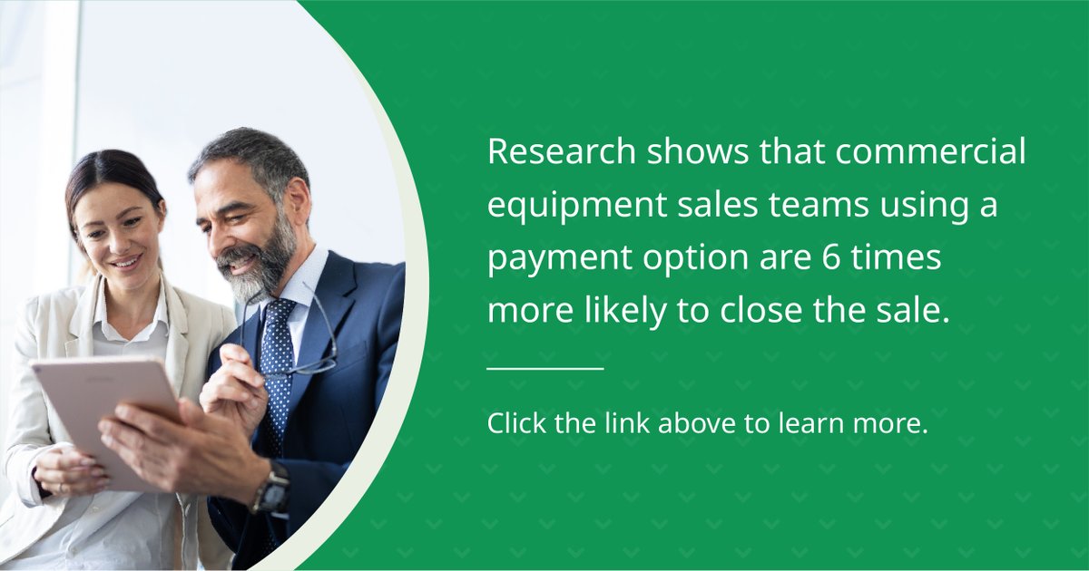 Research shows that sales teams who lead with a payment option are 6 times more likely to close the sale. So why do only 1 in 10 teams do it? See how you can start taking advantage of this strategy: bit.ly/3pe5aLX

#SalesStrategy #EquipmentSales #EquipmentFinance