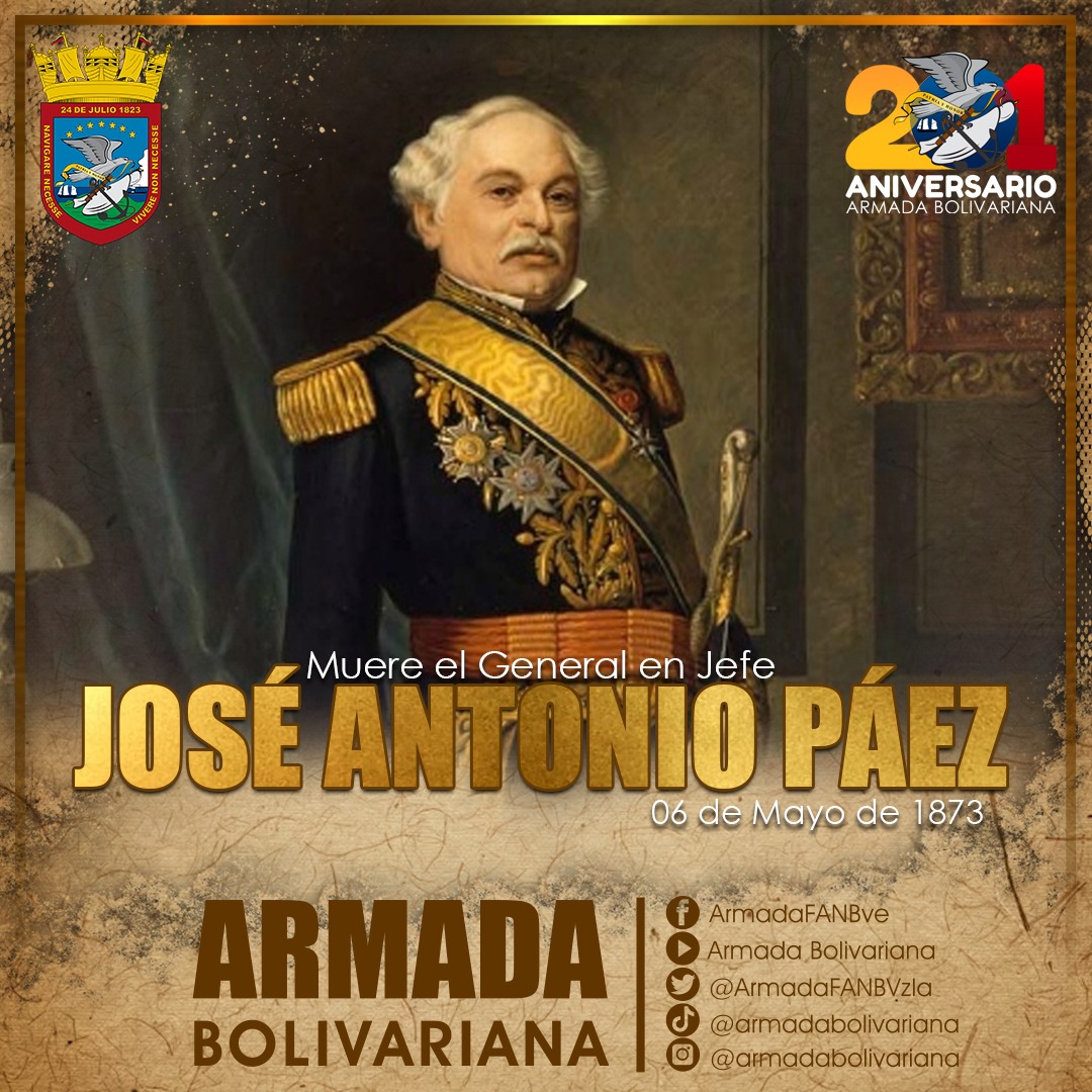 🗓️ #Efeméride || Un día como hoy, pero en 1873 murió el GJ José Antonio Páez, conocido como 'El Centauro de los Llanos', prócer venezolano quien fungió como prolijo general, jefe del Ejército Nacional y jefe militar del Departamento de Venezuela.