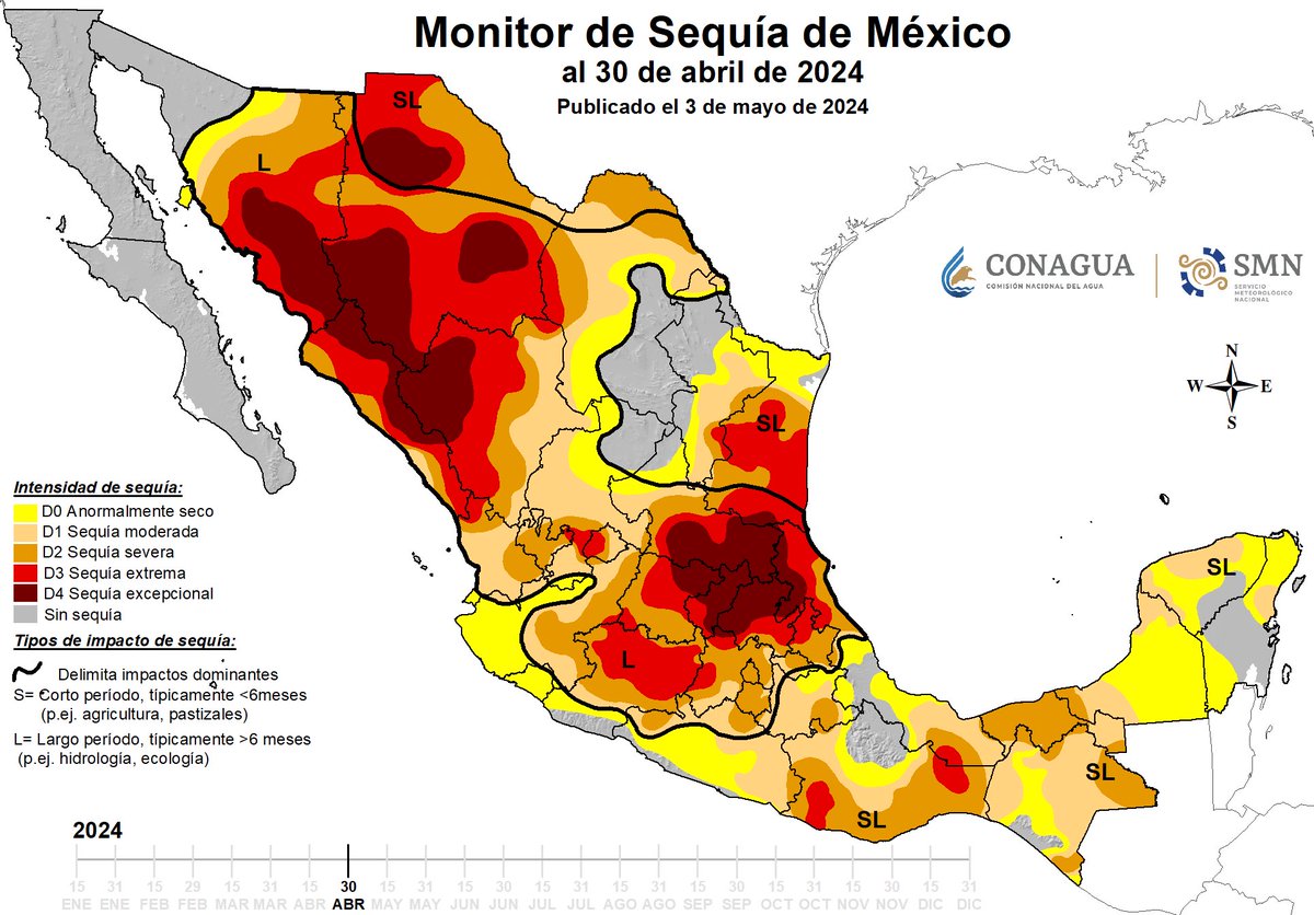 MONITOR DE SEQUÍA 🌵🏜️
Al 30 de abril

🫥La #sequía excepcional se extiende en la zona Cañera.

➡️34 de los 43 municipios prestan algún grado de intensidad que es el 79.1% respecto al total del Estado.

⚫️Sequía excepcional:
#AntiguoMorelos
#González
#ElMante
#NuevoMorelos