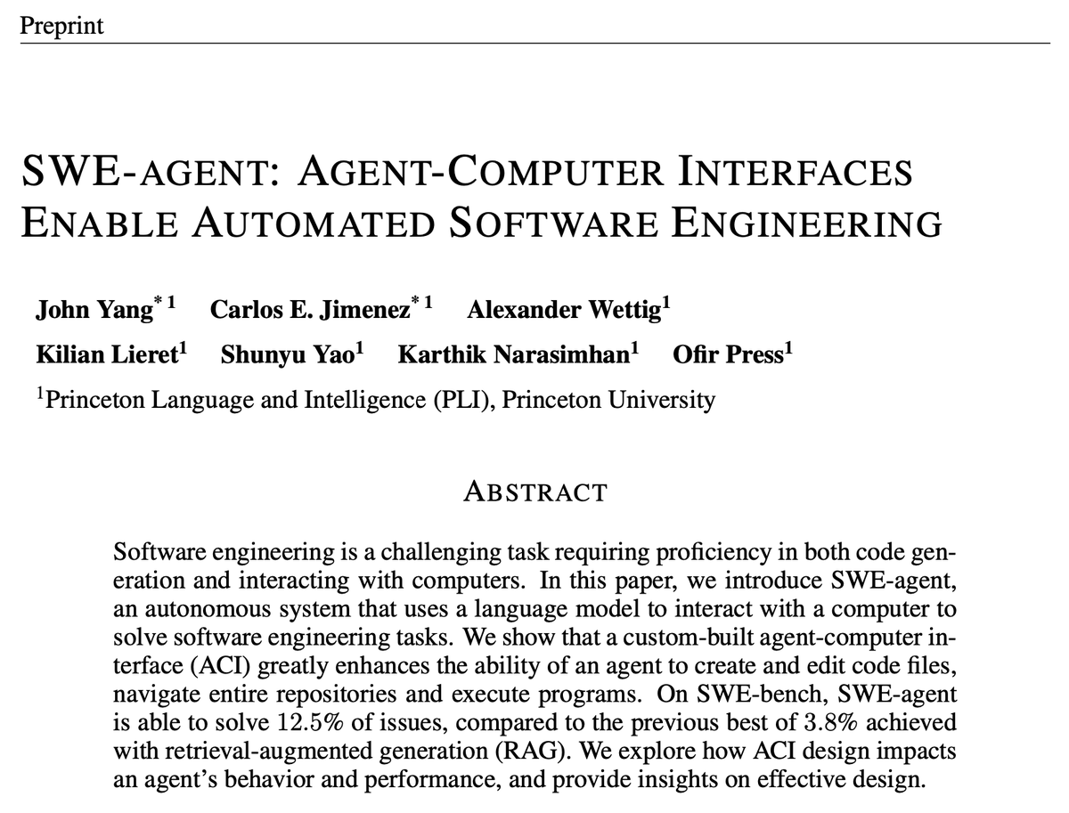 SWE-agent paper: swe-agent.com/paper.pdf
If you care about
- SWE: check detailed design & analysis
- agents: check principles & insights for agent-computer interface (ACI)
- HCI/CogSci: check parallels in ACI/understanding LMs!

chat w/ @jyangballin @_carlosejimenez @iclr_conf !