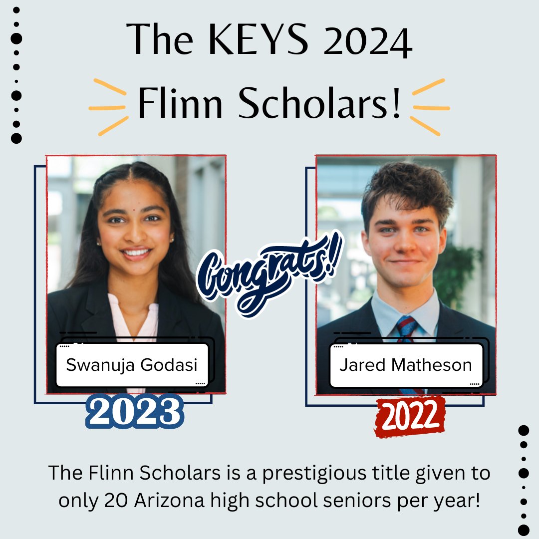 Give it up for #KEYSAlumni Swanuja Godasi & Jared Matheson who were chosen to be 2024 Flinn Scholars 👏! This prestigious scholarship includes a full-ride towards any AZ public university. CONGRATS Swanuja & Jared, keep making #KEYS proud 💙! Read more: bit.ly/3wpc07o