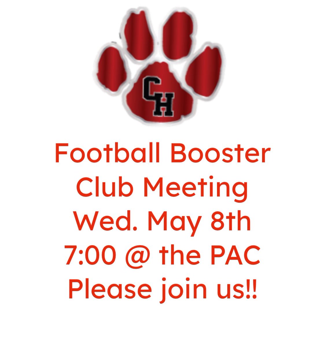Come join us! Last booster club meeting before school is out! Spring game this Friday. Tailgate at 5:00!!