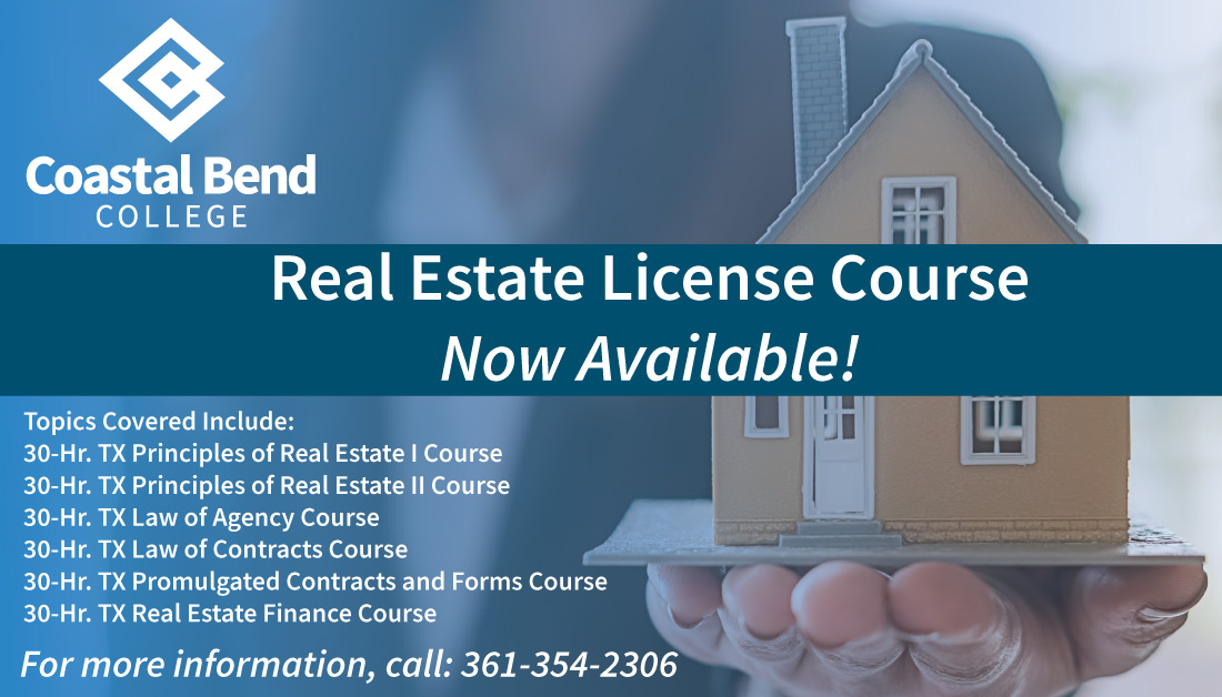 Real Estate License Course Now Available!
For more information, please visit:
coastalbend.workforcetraining.io/real-estate
Or call: 361-354-2306
#SuccessHappensHere
