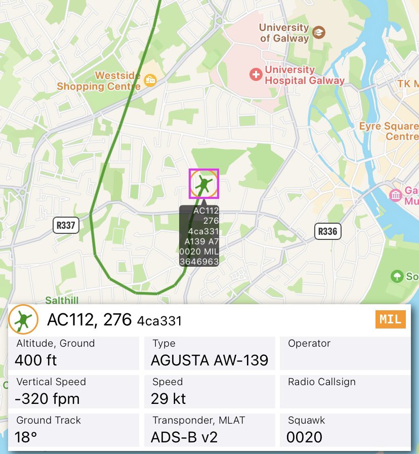 AIRCORPS112 is inbound to UH Galway now, Irish Air Corps Emergency Aeromedical Service AW139, Tail number 276, 301 Tactical Helicopter Squadron, 3 Operations Wing, Casement AB, Dublin.