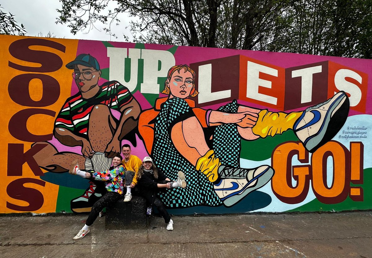 'Socks Up, Let's Go!' For Yardworks Festival 2024 🧦💥 What a blast collaborating with Rachel Millar and Sure Signs to create this colourful and uplifting piece. We had so much fun and I think you can tell ❤️ #Mural #StreetArt #Glasgow #LadiesWhoPaint #Signwriting #Illustration