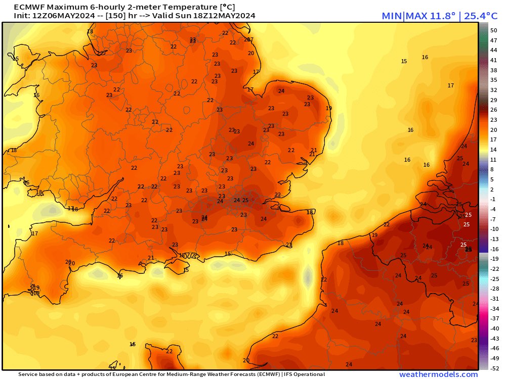 Latest from European model notches the warmth up this weekend with 25C (77F) in London area on Sunday.