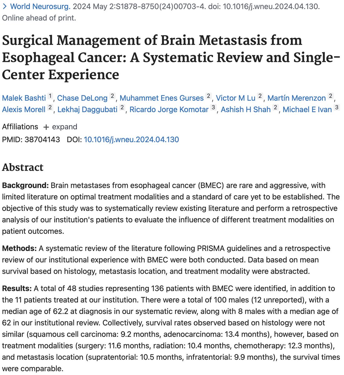 Our latest research on Brain Metastases from Esophageal Cancer is published in World Neurosurgery! #Neurosurgery #neuro #Oncology