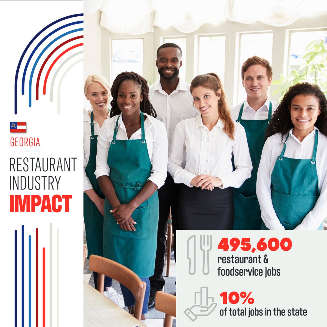 There are more 495,000 restaurant and food service jobs in Georgia, making up 10% of the total jobs in the state. Check out the full Georgia Restaurant Impact Report for more statistics about the economic impact of restaurants: bit.ly/3UyU7wf
