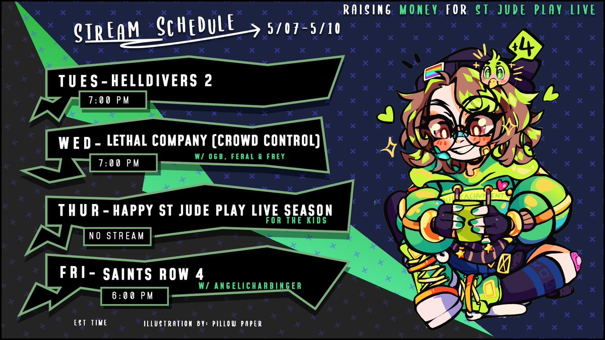 🦜Stream Schedule (5/07 - 5/10)⭐️       

First week of raising money for #StJudePLAYLIVE! Starting off strong by playing Lethal Company with Crowd Control!! What could go wrong...

#VTuberUprising #VTuberSchedule