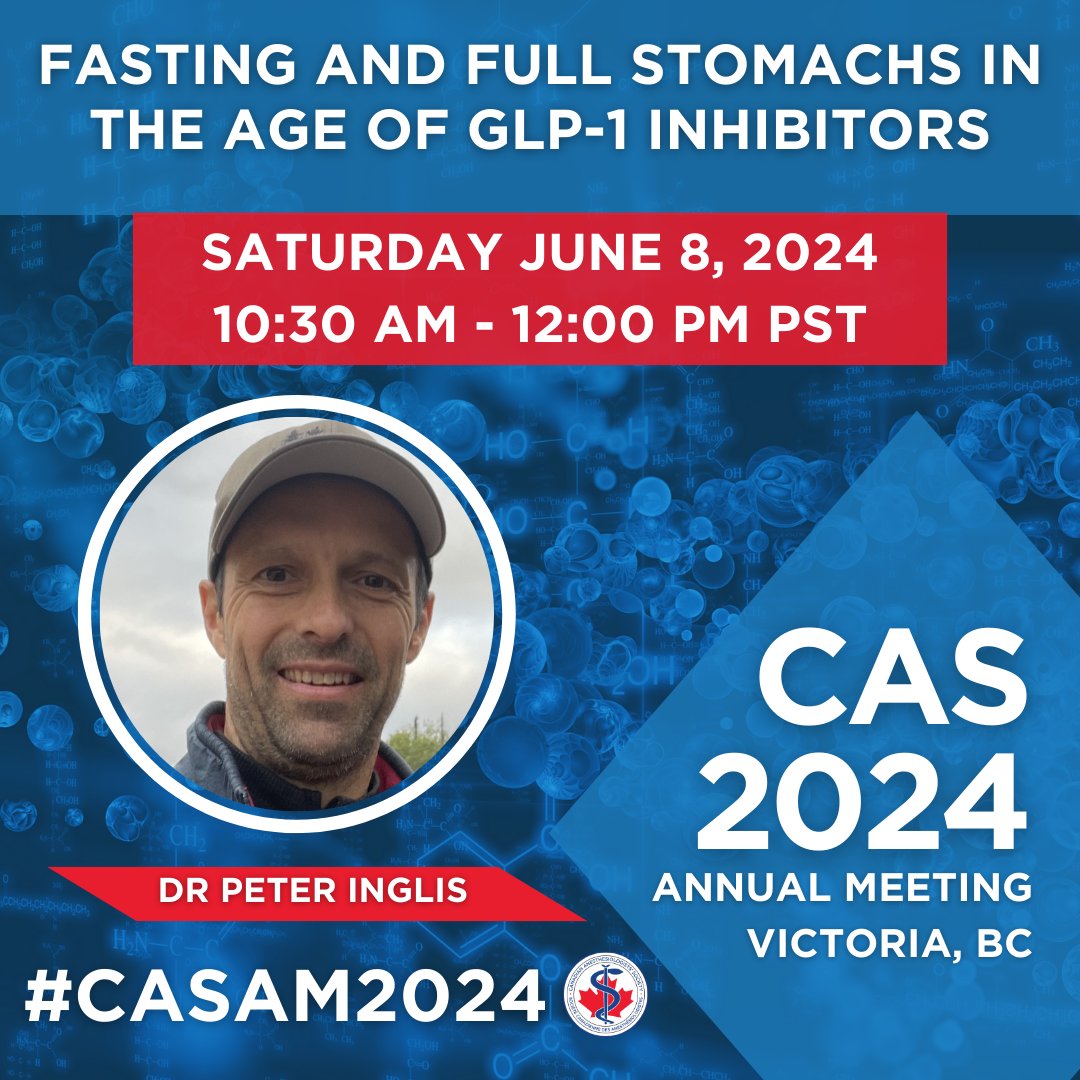 📢Don't miss the session on 'Optimizing Anesthesia for Patients on GLP-1 Therapy' at the #CASAM2024 Annual Meeting in Victoria, BC, from June 7 to 10! 🎉Engage in discussions and network with top experts in anesthesiology 🗓️Secure your spot now @CASUpdate cas.ca/en/annual-meet…