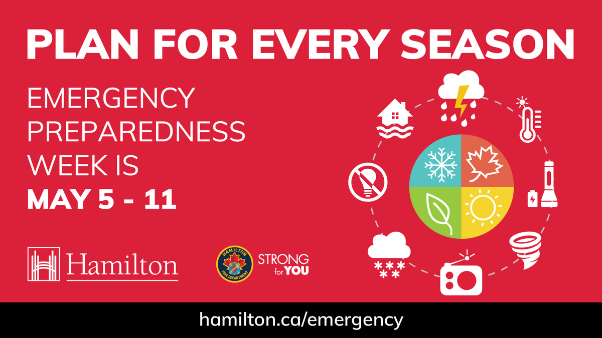 Emergency Preparedness Week 2024 is May 5 to 11 – Plan for Every Season.

1. Make a plan

2. Prepare an emergency kit

3. Stay informed

Learn more: hamilton.ca/emergency