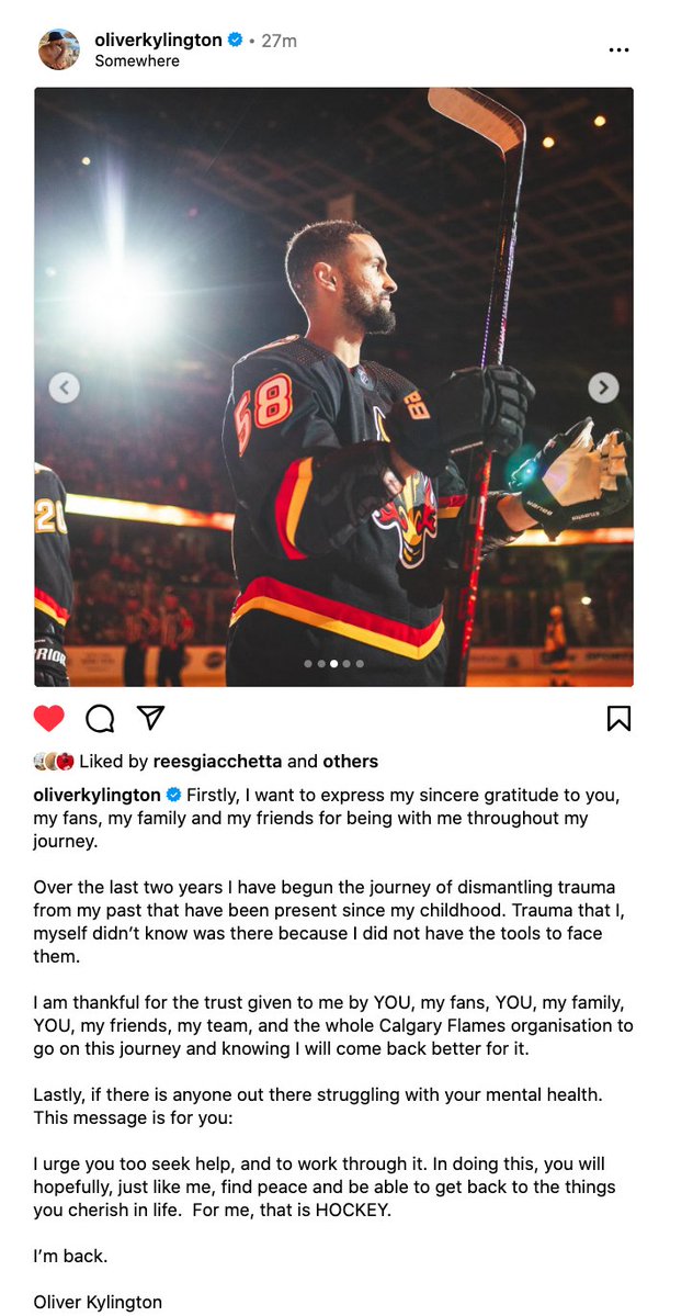 'Over the last two years I have begun the journey of dismantling trauma from my past that have been present since my childhood.' Powerful words from #Flames blueliner Oliver Kylington: